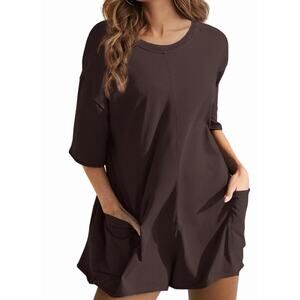 Oversized Reversible Romper with Pockets Short Sleeve, Brown Woman’s S